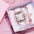 Hot Women Ladies Fashion Leather Strap Square Diamond Quartz Wrist Bracelet Watches Luxury Watches Crystal Gift Set For Women